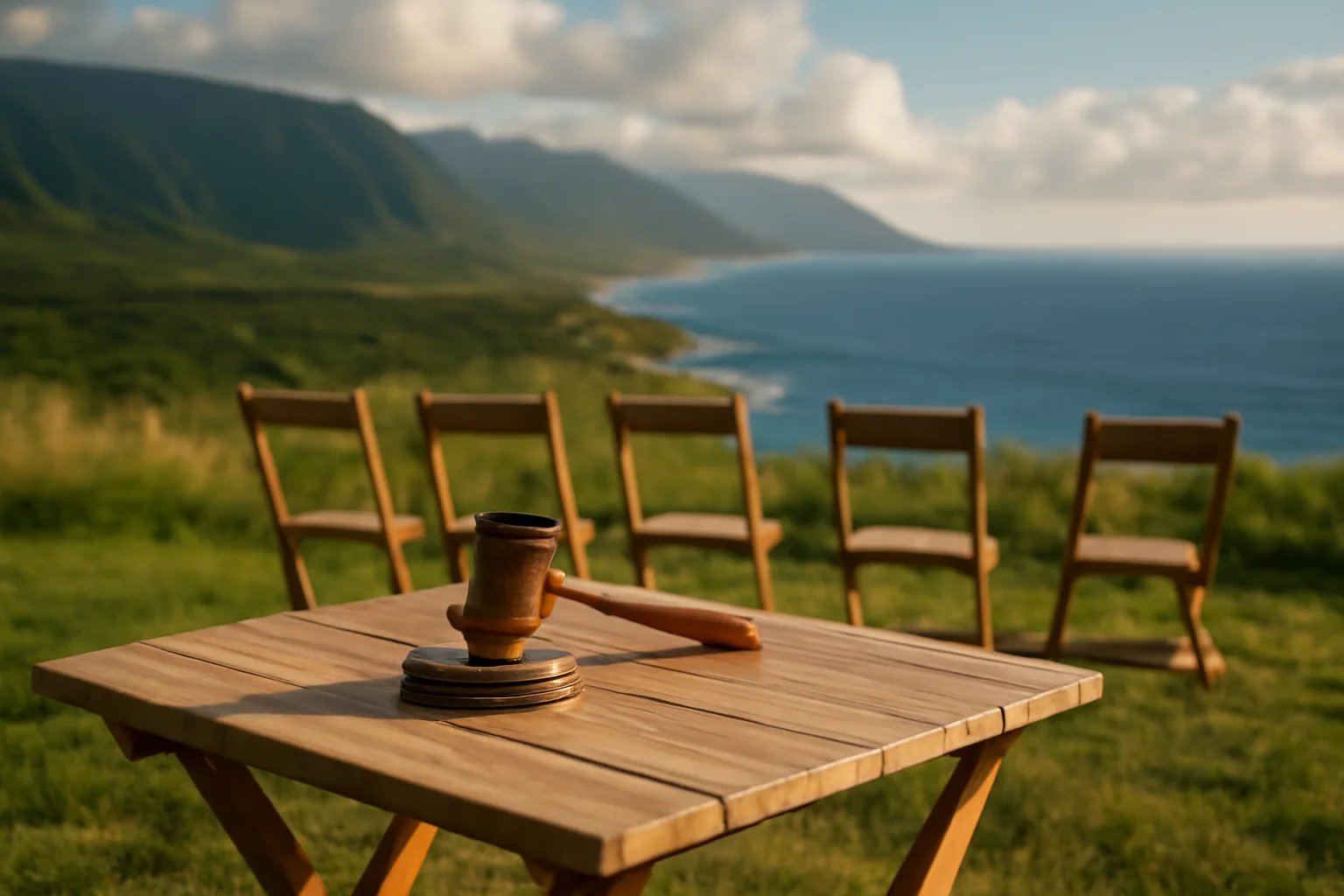 Hardwood gavel on a table at an outdoor Hawaii auction setting