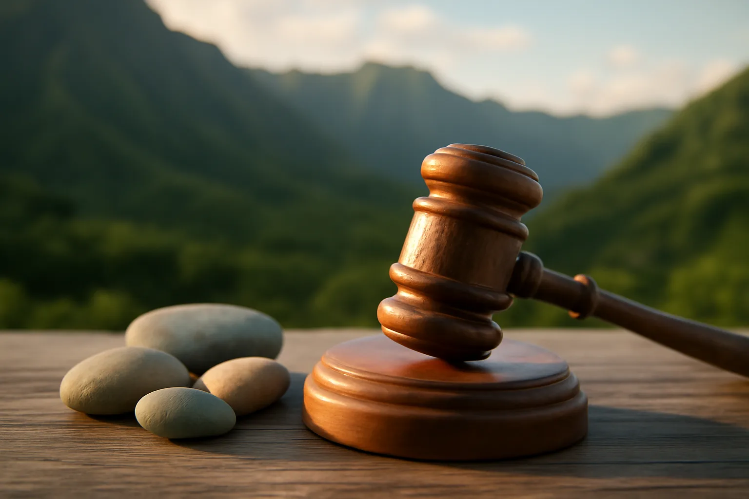 Wooden gavel on a Hawaii outdoor table before auction work