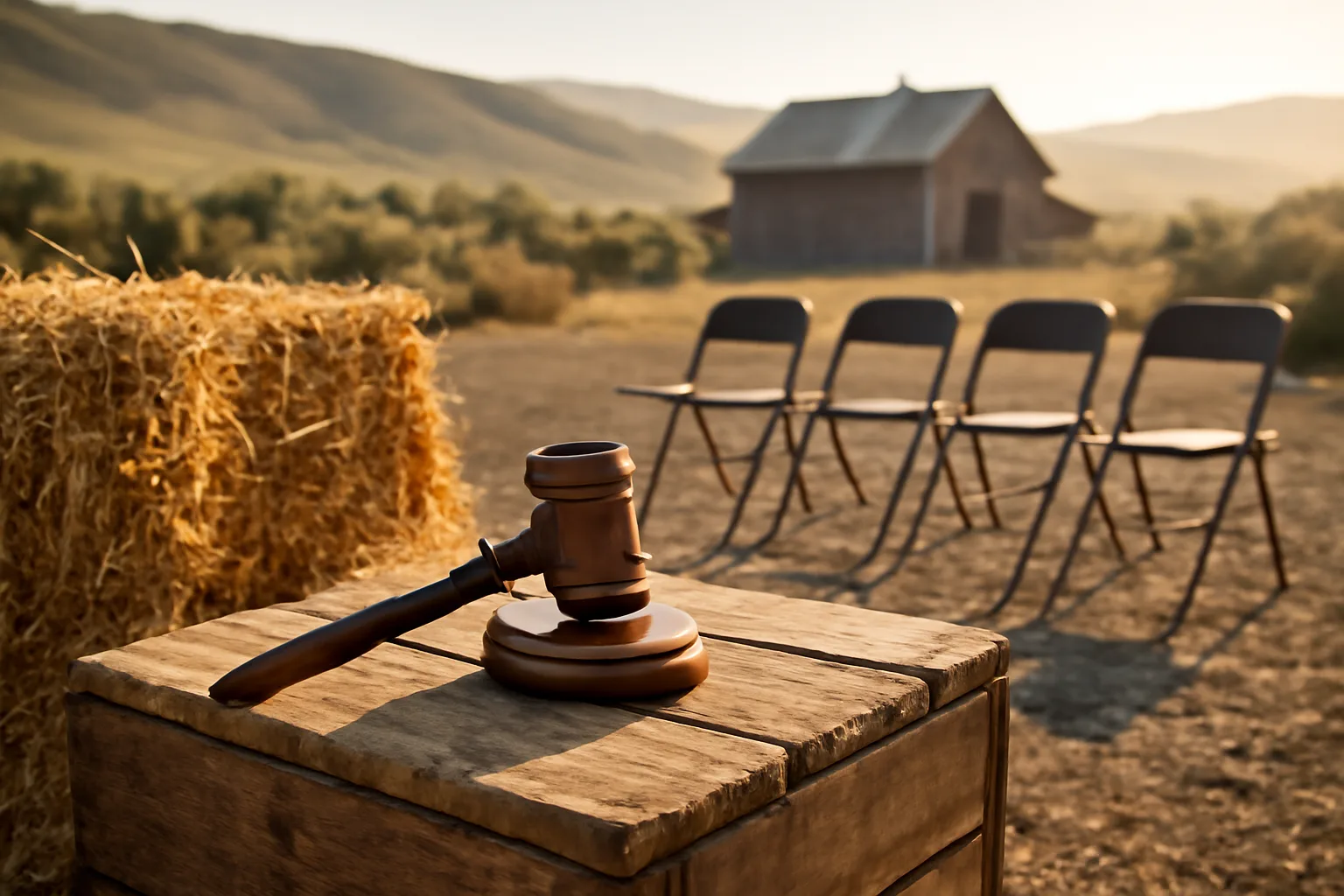 Wooden gavel on a crate at a rural Idaho auction setup