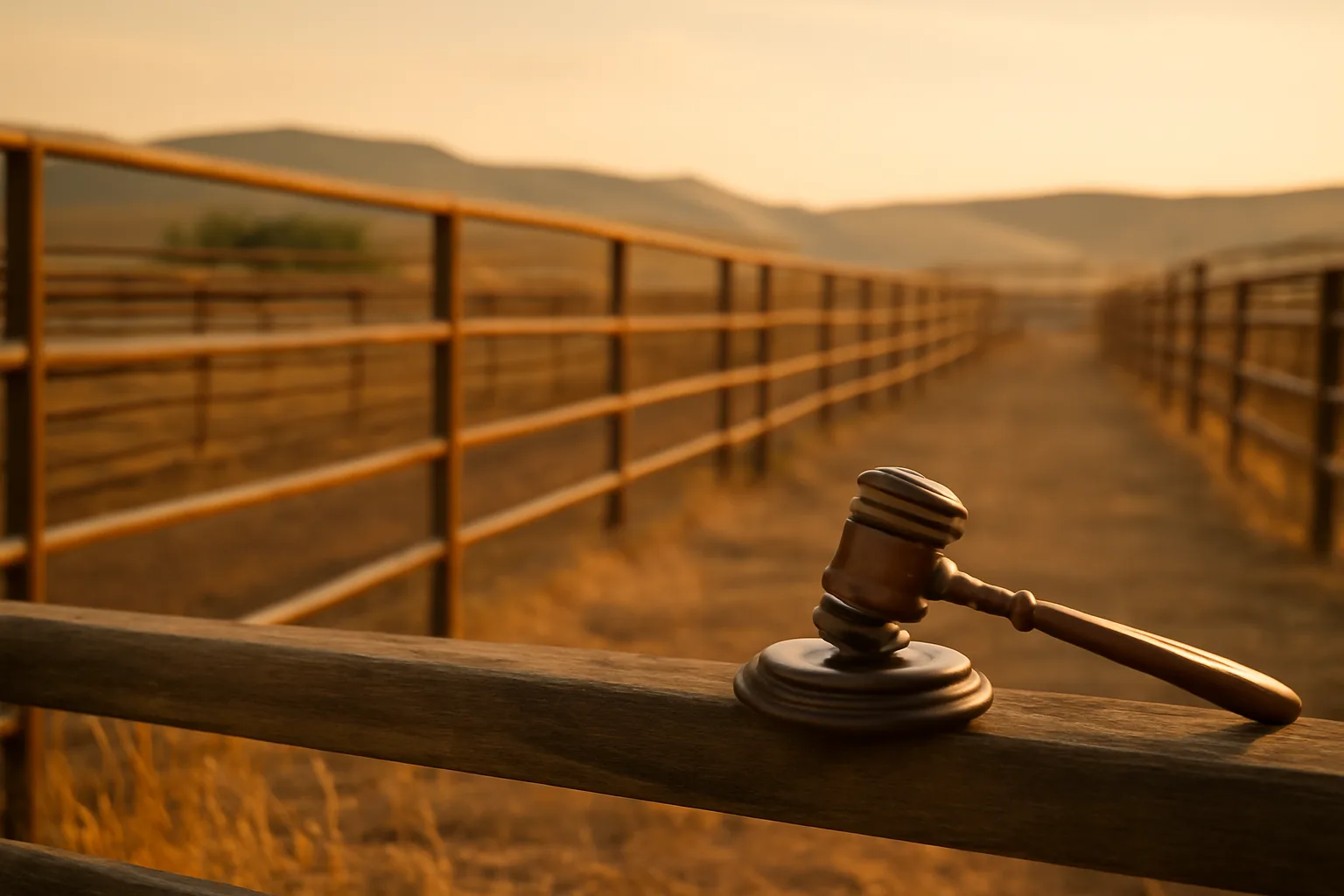 Empty Idaho auction corral at dusk with a wooden gavel
