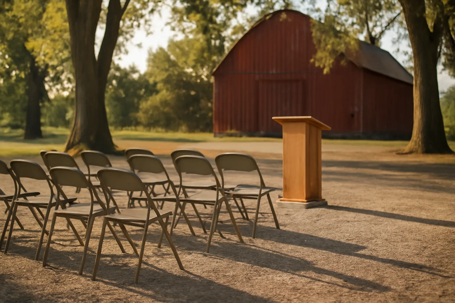 Empty chairs face a wooden podium at a rural Illinois auction yard
